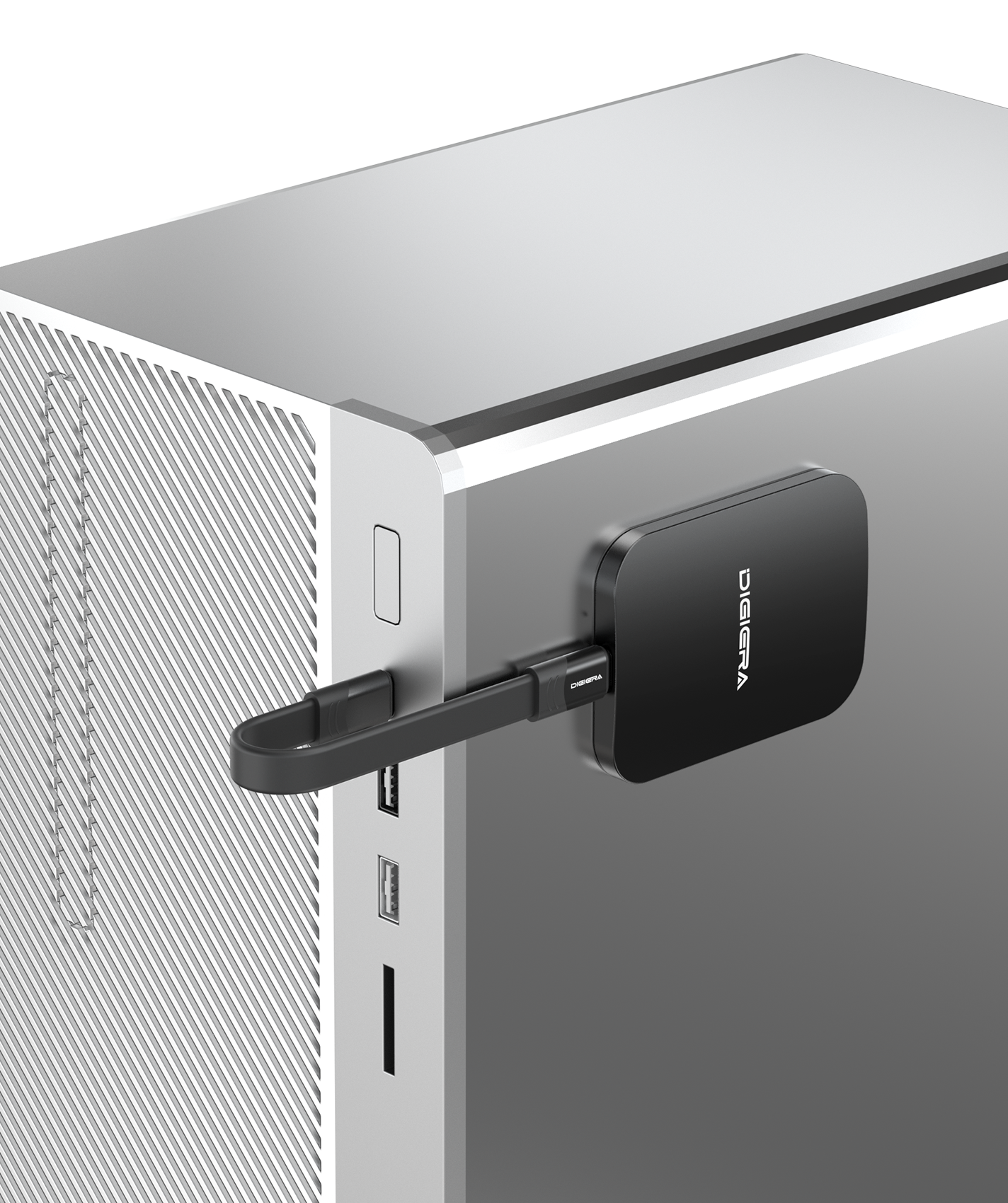 DIGIERA portable SSD connected to a desktop computer via USB port for fast photo storage and backup.