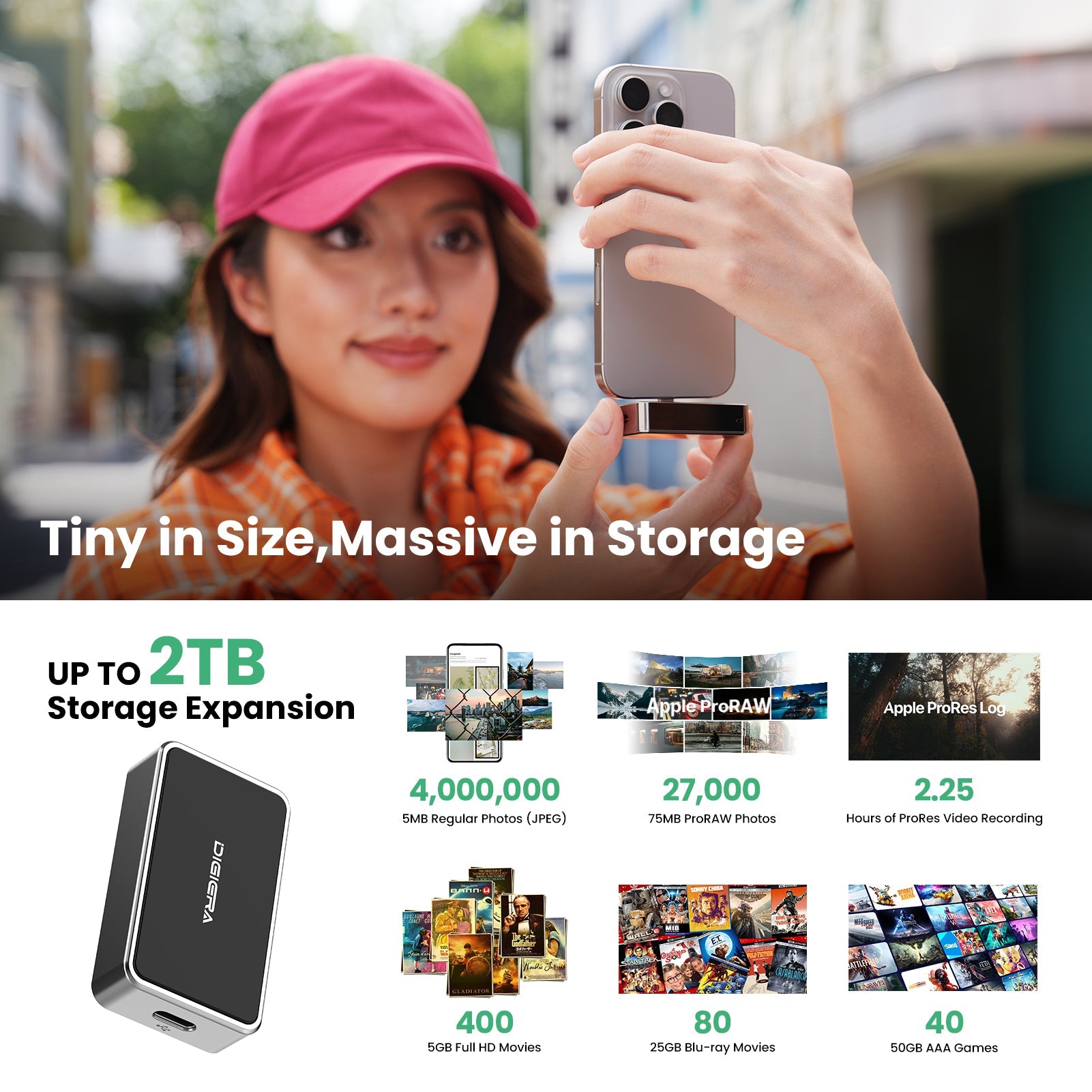 Woman using a Digiera portable SSD attached to a smartphone, with infographic showing up to 2TB storage expansion for photos, videos, movies, and games.
