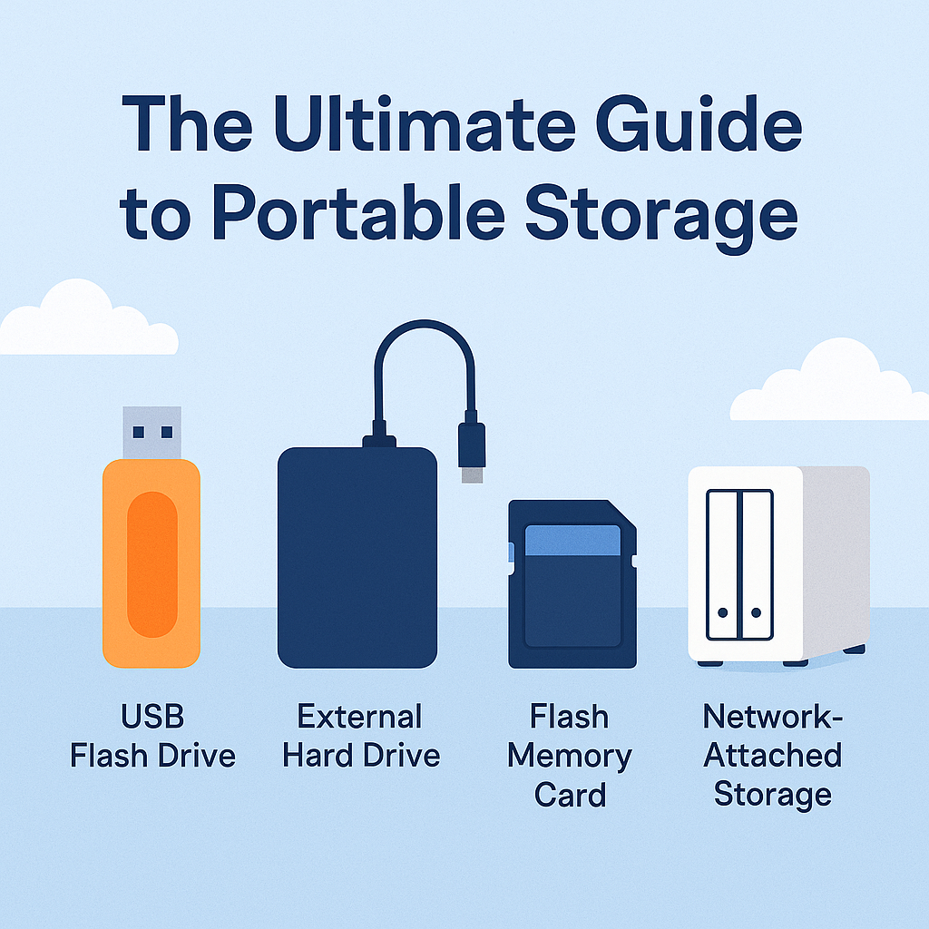 llustration of four portable storage devices—USB flash drive, external hard drive, flash memory card, and network-attached storage—on a clean blue background.