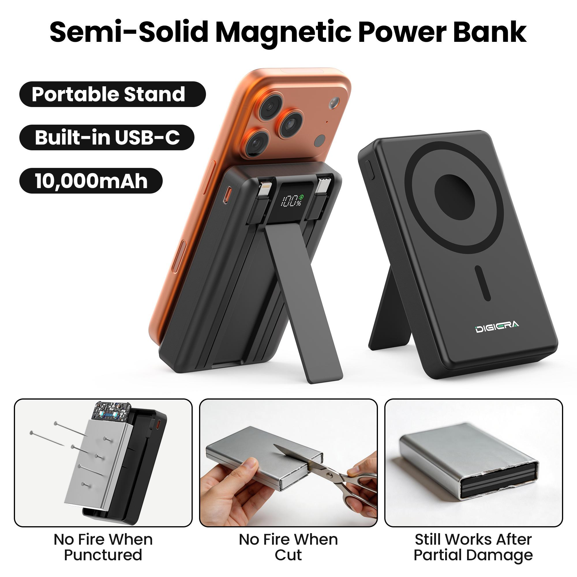 Digiera 10000mAh MagSafe Wireless Power Bank with LED Display, Includes Dual USB-C and Lightning Cables and a Phone Stand, Compatible with iPhone 17/