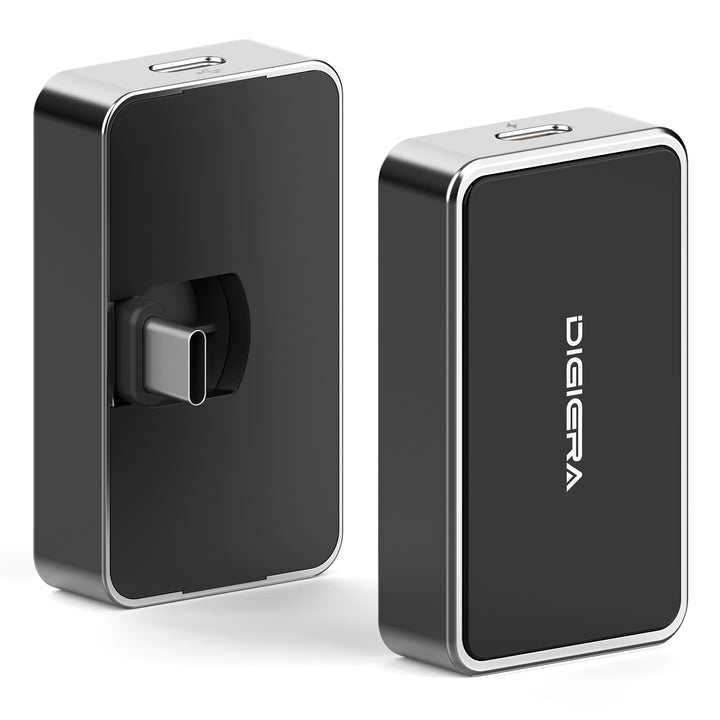 Two black rectangular DigiEra 2-in-1 Portable SSDs with silver edges—one shows a USB-C connector, the other displays the DIGIGA logo. Compatible with iPhone 15 Pro/16 Pro, iPad, Mac, and Android devices.