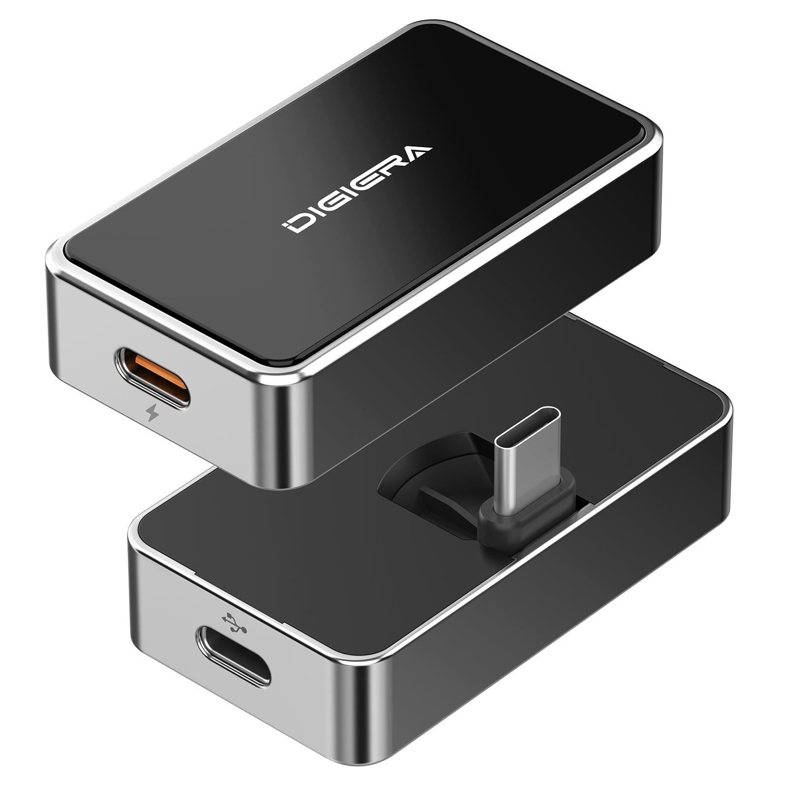 The DigiEra 2-in-1 Portable SSD with USB-C Hub (for iPhone 15 Pro, 16 Pro, iPad, Mac & Android) is a black and silver rectangular device showing inner components, with the “DIGIRA” brand name on top.