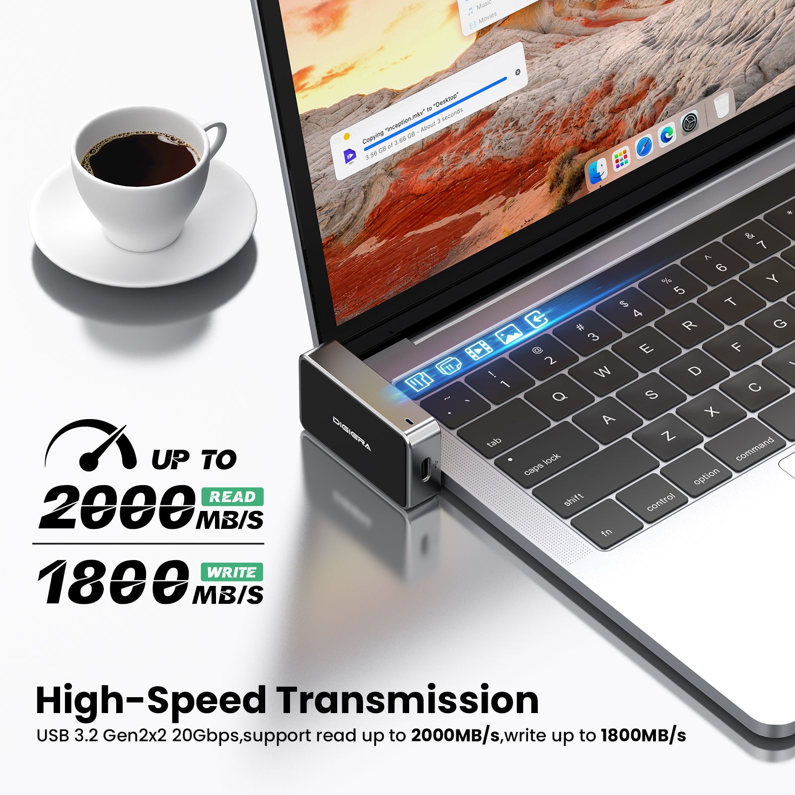 A DigiEra 2-in-1 Portable SSD with USB-C Hub is plugged into a laptop beside a coffee cup, showcasing its high-speed transmission—read speeds up to 2000 MB/s and write speeds up to 1800 MB/s—for iPhone, iPad, Mac & Android.