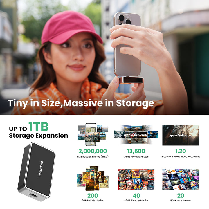 A woman in a pink cap holds her phone with a DigiEra 2-in-1 Portable SSD with USB-C Hub. Text spotlights: “Tiny in Size, Massive in Storage,” up to 1TB expansion, plus sample data storage for iPhone 15 Pro, iPad, Mac & Android.