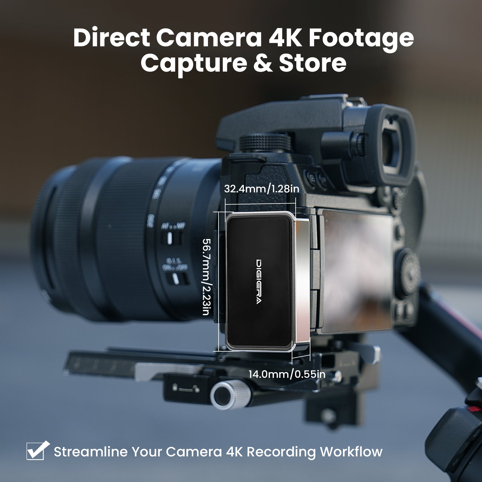 A close-up of the DigiEra 2-in-1 Portable SSD with USB-C Hub for iPhone 15 Pro, 16 Pro, iPad, Mac & Android, mounted on a digital camera. Dimensions: 32.4mm wide, 56.7mm tall, 14.0mm thick. Streamlines your cameras 4K recording workflow.