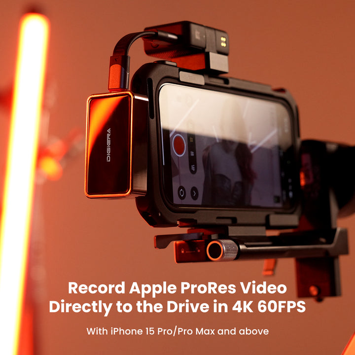 A close-up of an iPhone on a camera rig connected to the DigiEra 2-in-1 Portable SSD with USB-C Hub. Text: Record Apple ProRes video directly to the drive in 4K 60FPS with iPhone 15 Pro/Pro Max, 16 Pro, iPad, Mac & Android.
