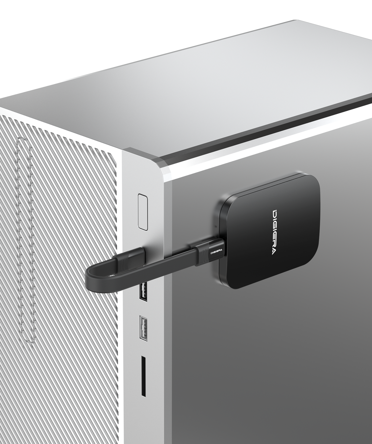 DIGIERA portable SSD connected to a desktop computer via USB port for fast photo storage and backup.