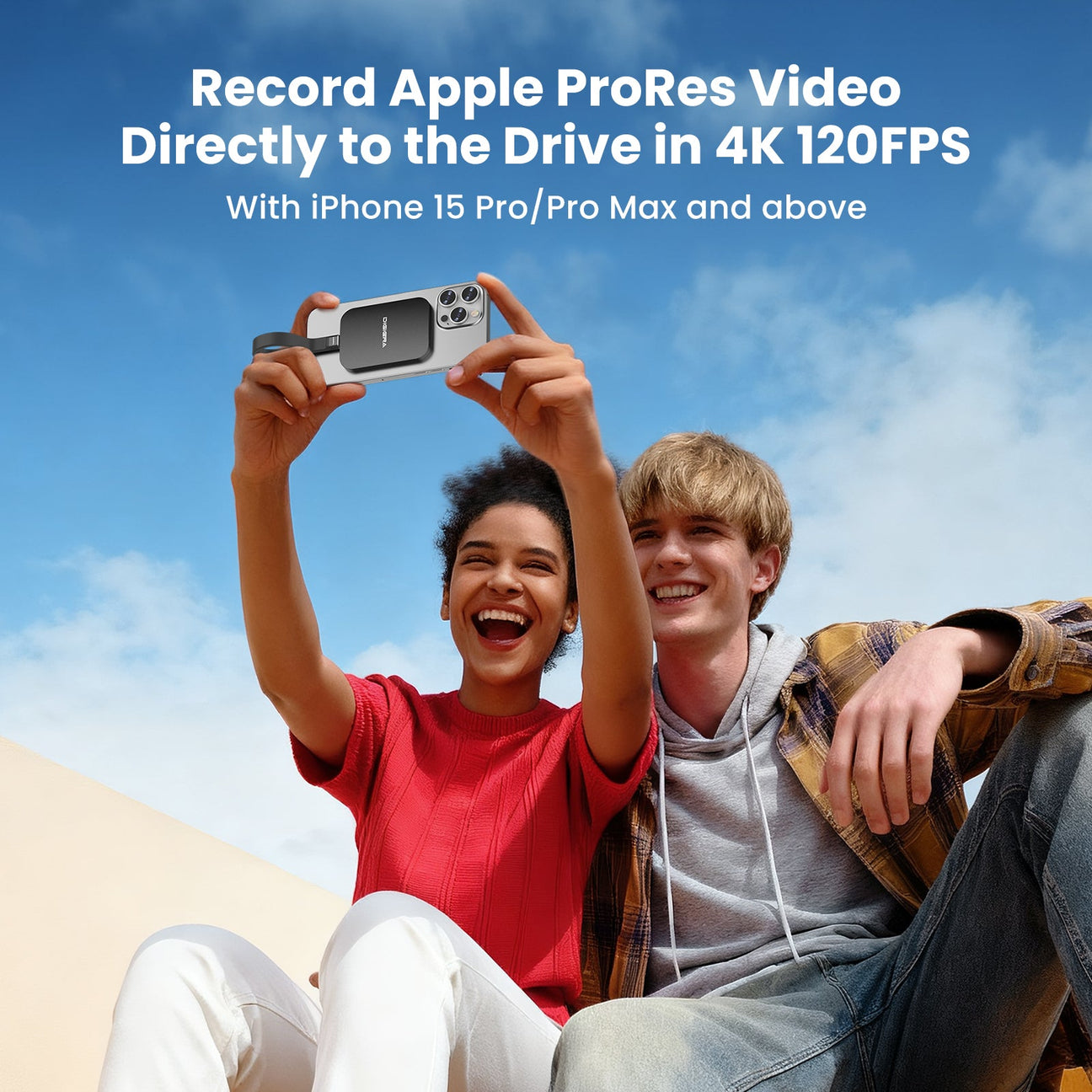 iPhone with Digiera MagSafe SSD magnetically attached on the back while a video creator records 4K footage.