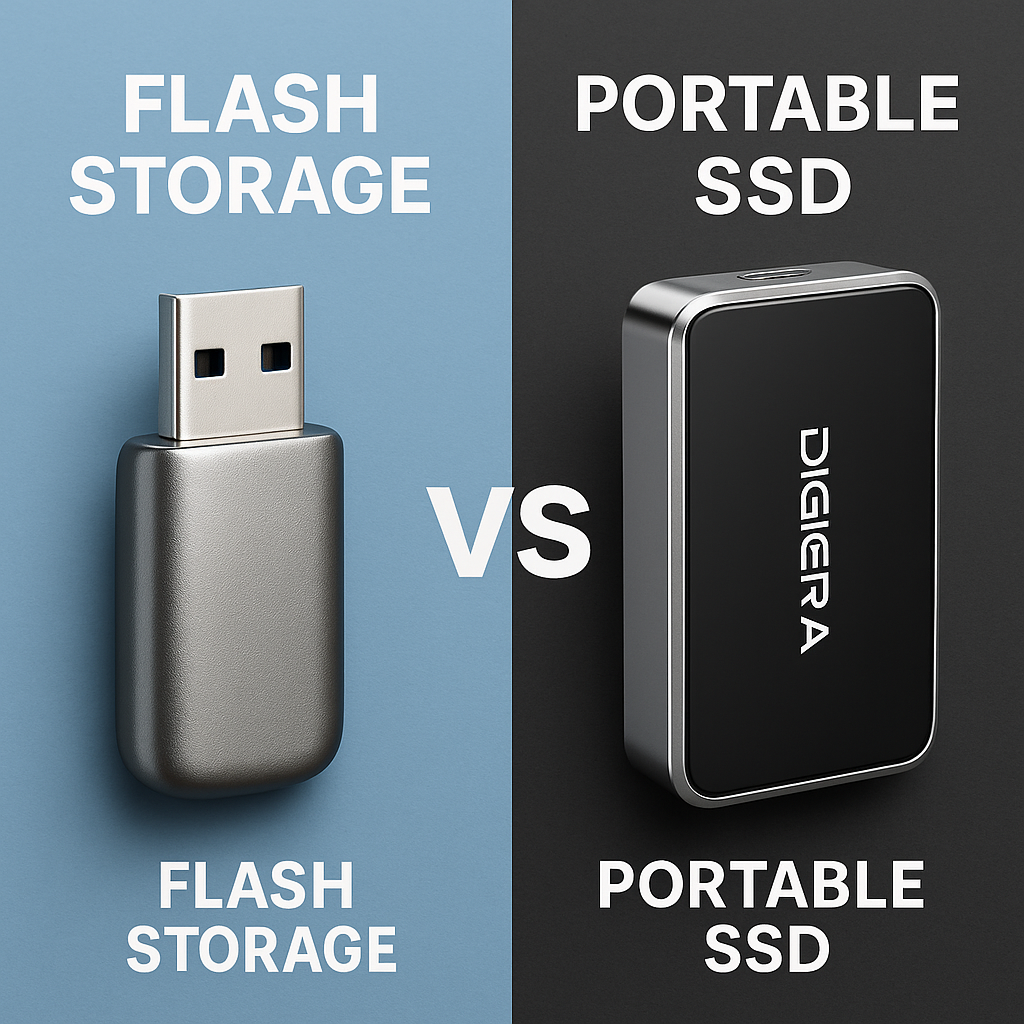 Side-by-side comparison image of a USB flash drive labeled “Flash Storage” and a Digiera portable SSD labeled “Portable SSD” on split backgrounds.
