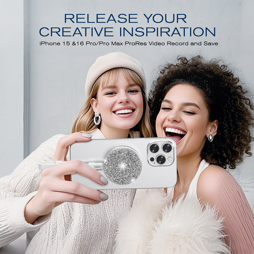 Creator recording video on a smartphone connected to a compact Digiera portable SSD for extra phone storage on the go