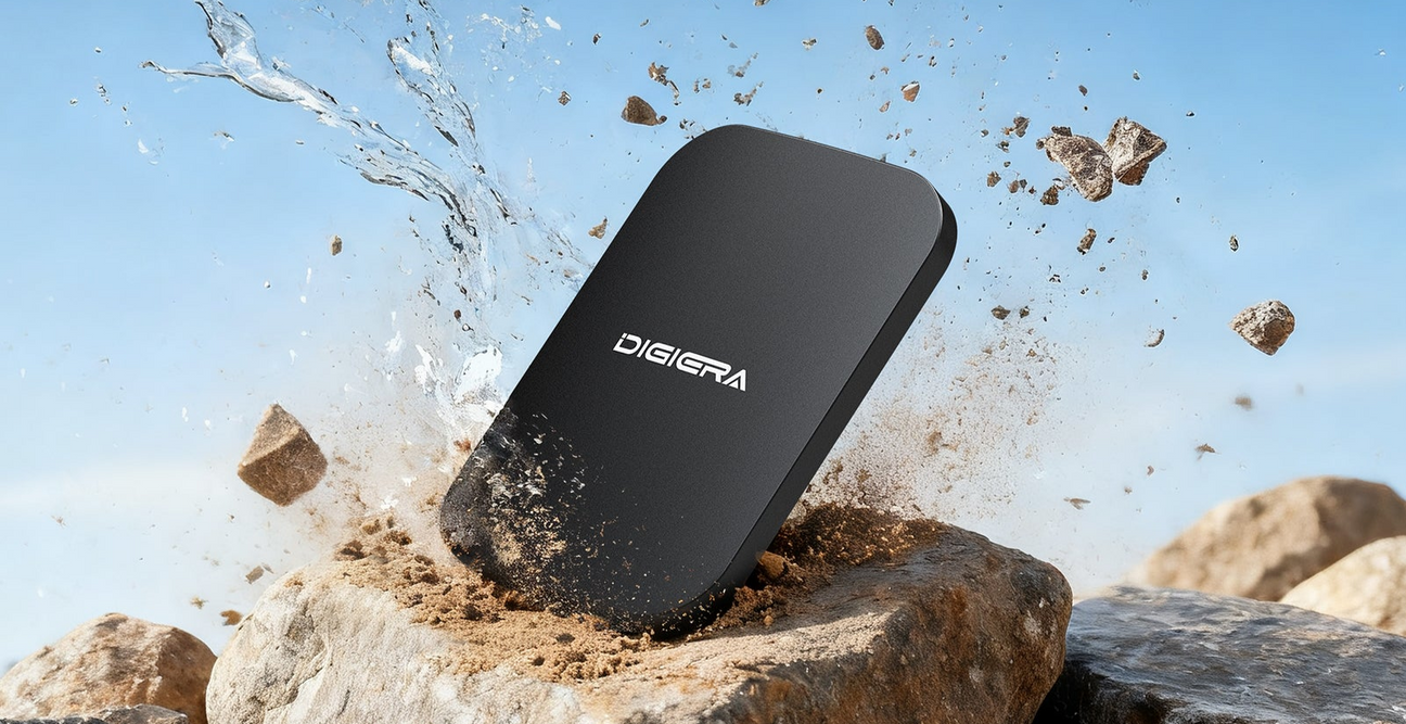 Digiera portable SSD connected via USB-C to a laptop, showcasing compact design and fast data transfer speeds for creators. Select 80 more words to run Humanizer.