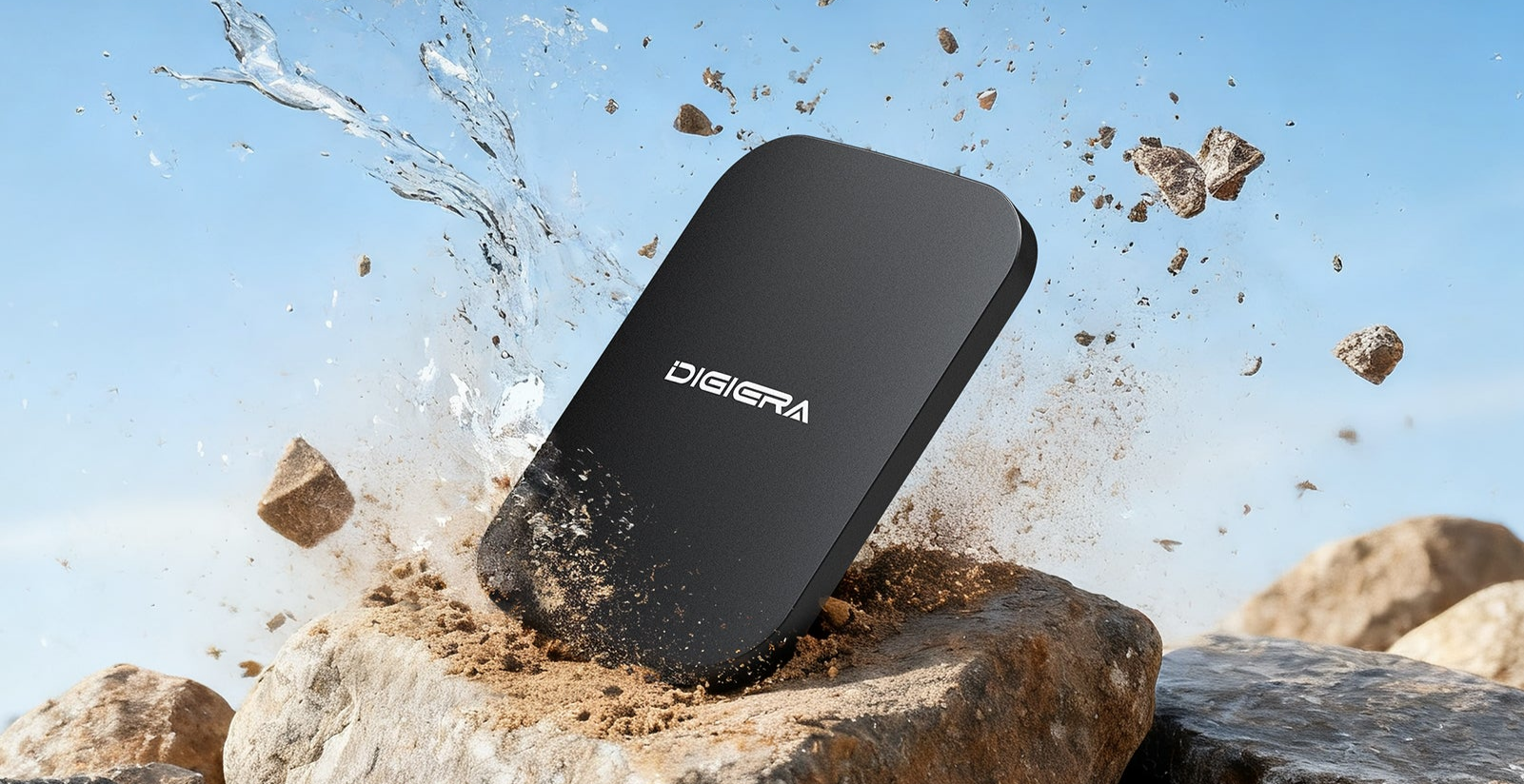Digiera portable SSD connected via USB-C to a laptop, showcasing compact design and fast data transfer speeds for creators. Select 80 more words to run Humanizer.