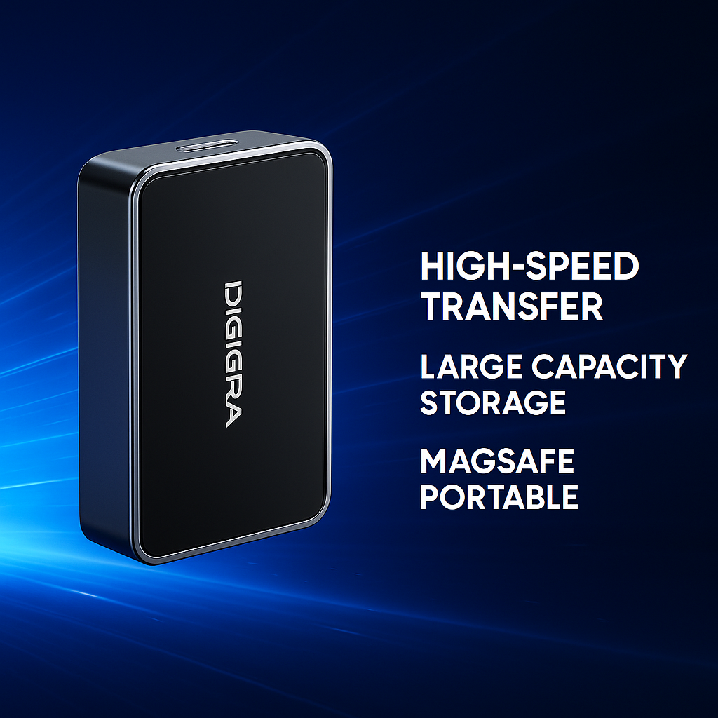 Digiera portable SSD with metallic frame on a blue gradient background, featuring text highlighting high-speed transfer, large capacity, and MagSafe portability.