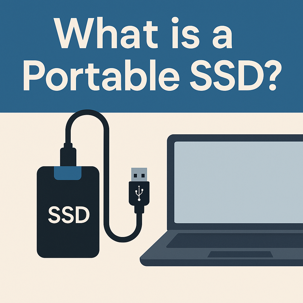 Illustration of a portable SSD connected to a laptop via USB cable, representing high speed external storage for data transfer, security, and portability.