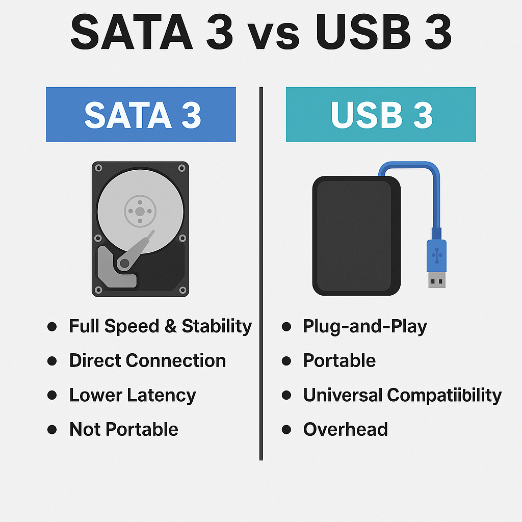 Infographic comparing SATA 3 and USB 3 drives, showing pros and cons like speed, portability, and compatibility.