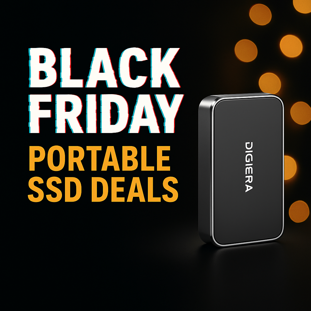 Black Friday promotional banner featuring Digiera portable SSD with bold text “Black Friday Portable SSD Deals” on a dark background with golden light accents.