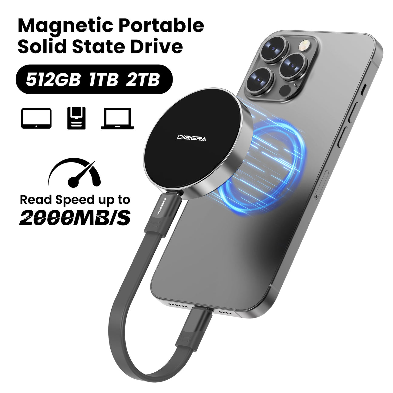 iPhone 15 Pro Max with attached Digiera MagSafe portable SSD showcasing expanded high-speed storage for creators.