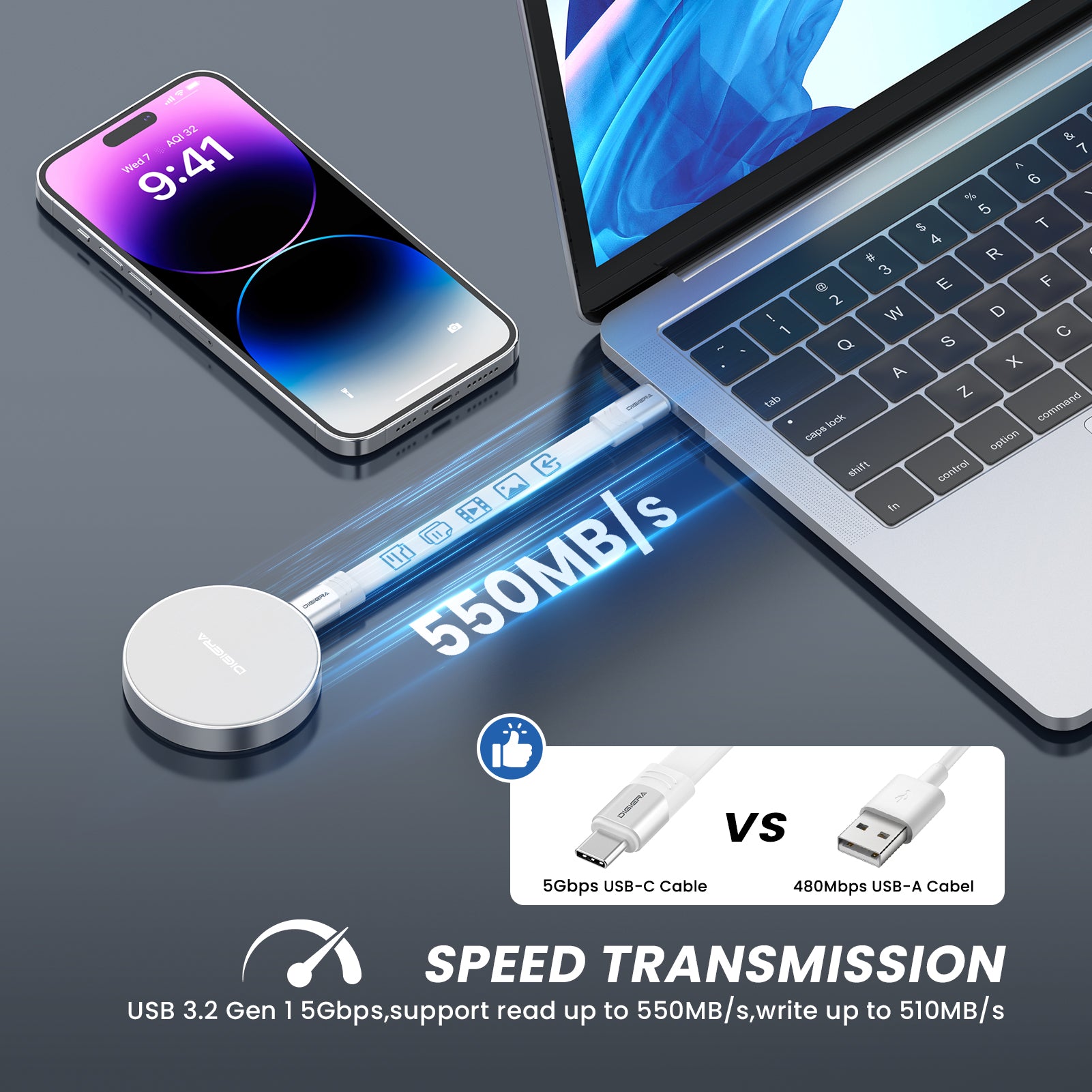 Digiera 500MB/s Magnetic Portable SSD – Compact USB-C External Storage ssd for iPhone & Laptops