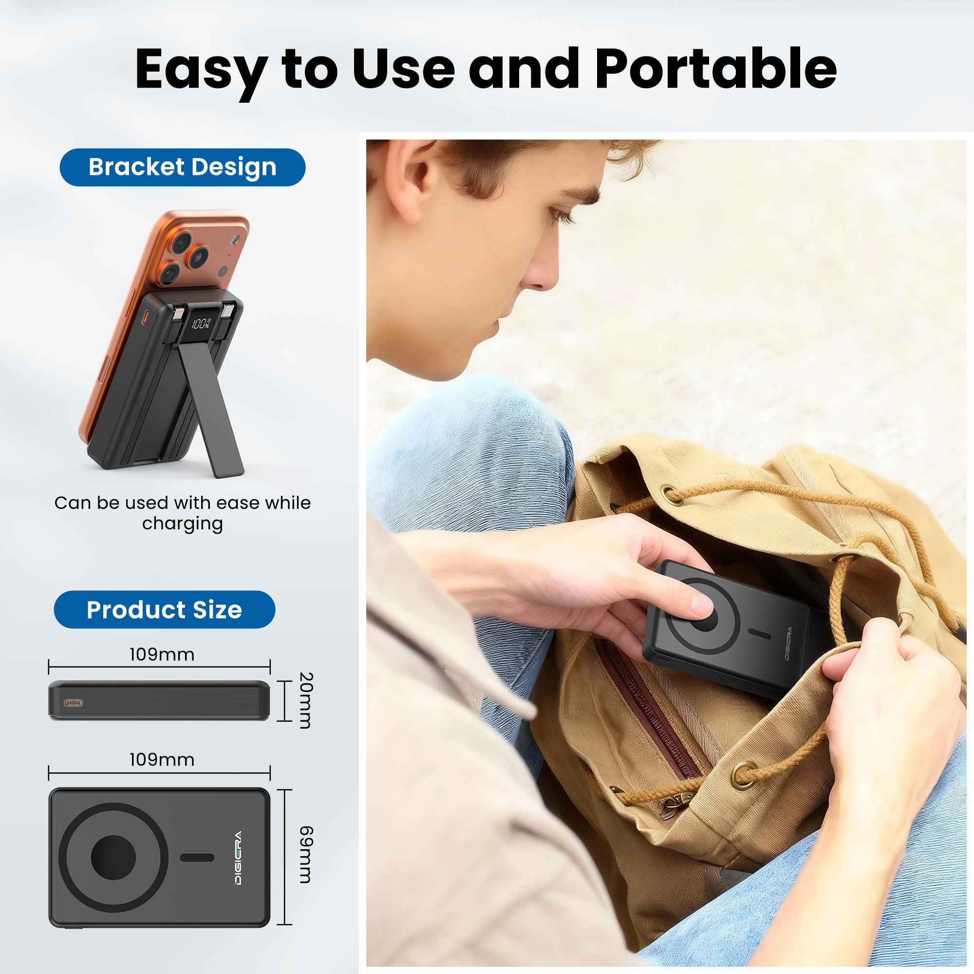 Digiera 10000mAh MagSafe Wireless Power Bank with LED Display, Includes Dual USB-C and Lightning Cables and a Phone Stand, Compatible with iPhone 17/16/15/14/13/12 Series