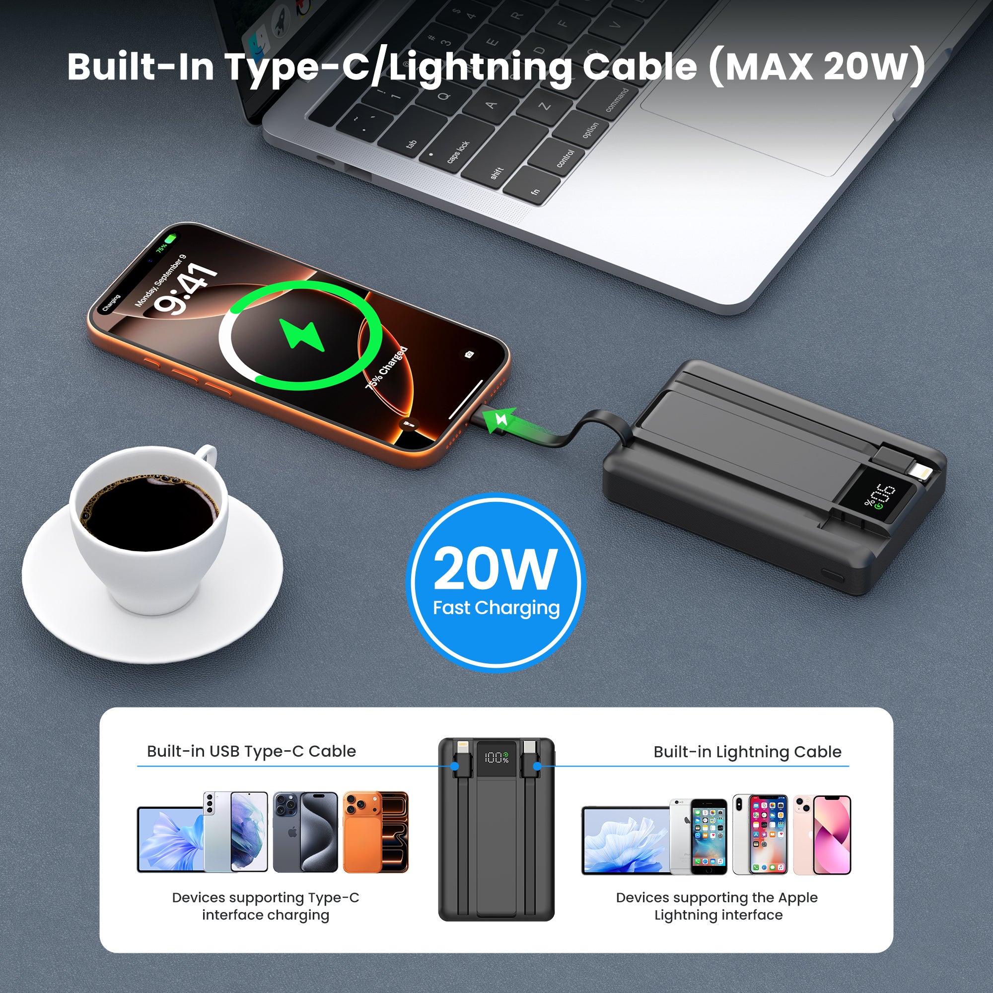 Digiera 10000mAh MagSafe Wireless Power Bank with LED Display, Includes Dual USB-C and Lightning Cables and a Phone Stand, Compatible with iPhone 17/16/15/14/13/12 Series