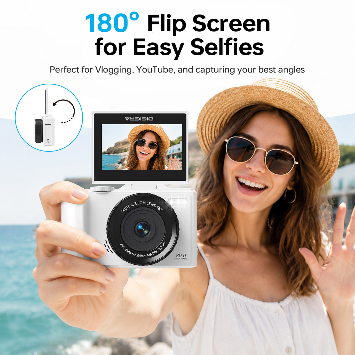 DIGIERA W100 5K Digital Camera – 80MP Vlogging Camera with 180° Flip Screen & Autofocus