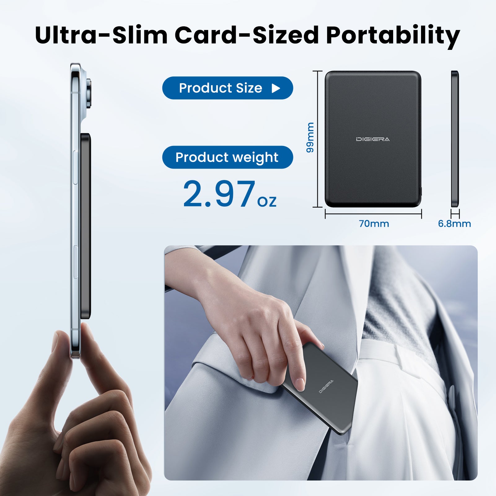 DIGIERA 2.97oz Ultra Slim Magnetic Power Bank, 5000mAh 3-in-1 Wireless Charger – Fast Charging MagSafe Battery Pack for iPhone, Samsung, AirPods & Apple Watch
