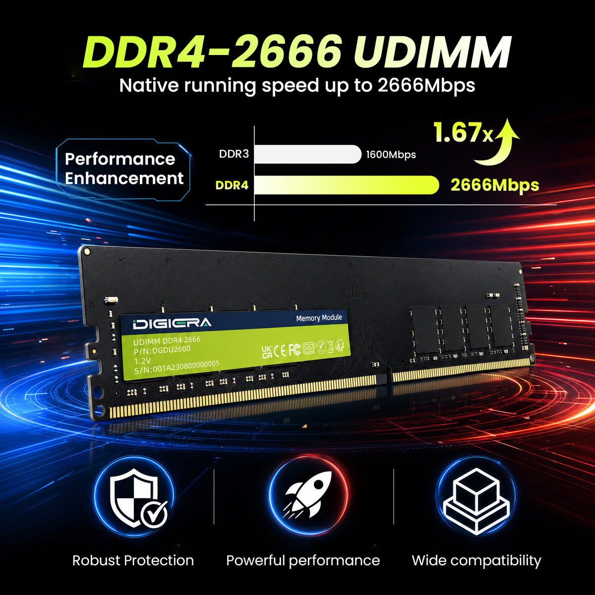 DIGIERA DDR4 2666MHz Desktop RAM Module - 288-Pin DU260 UDIMM 1.2V CL19 Non-ECC Internal Memory
