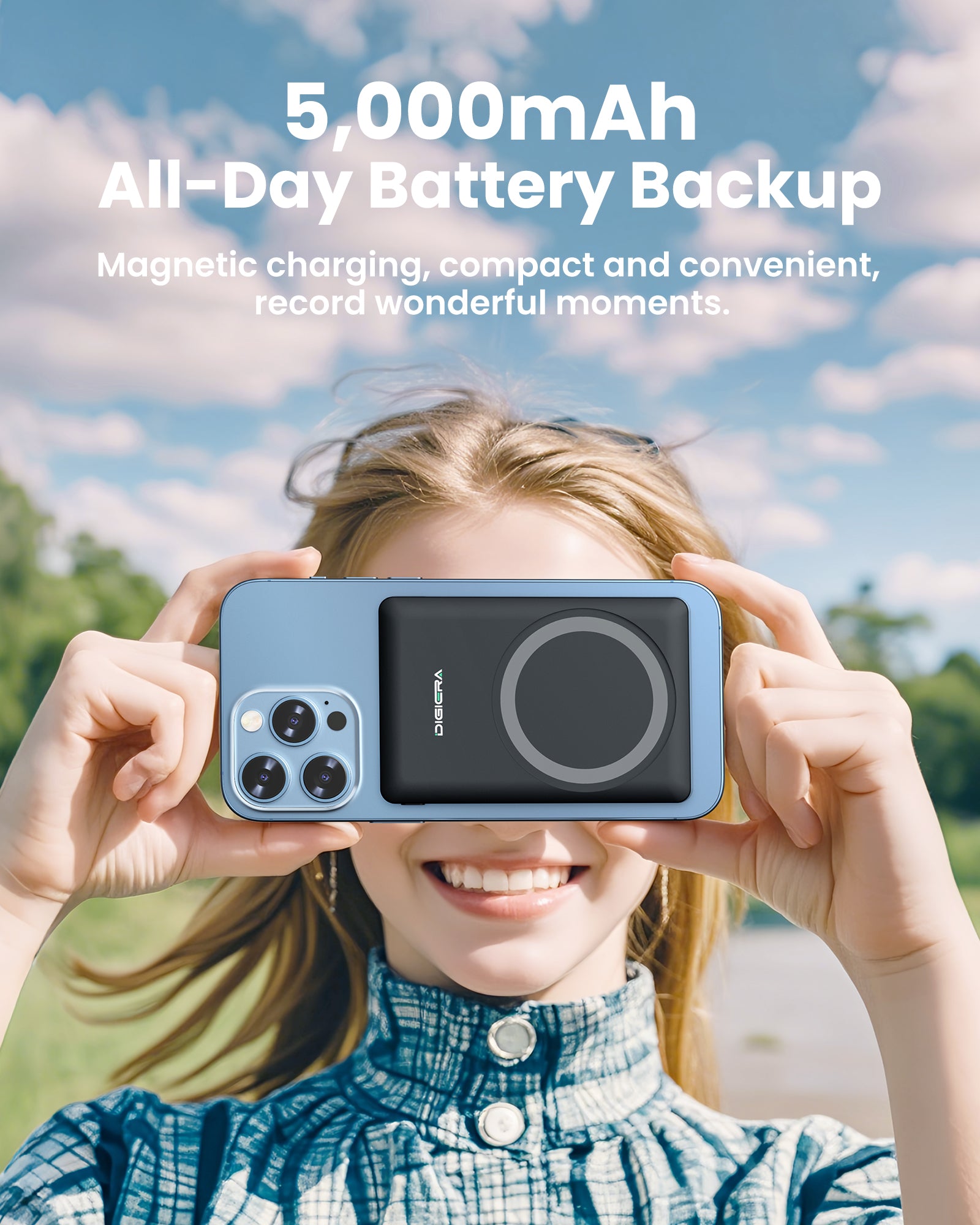 DigiEra 5000mAh Magnetic Power Bank: 3-in-1 MagSafe Wireless Portable Charger & Fast Charging Battery Pack for iPhone 17/16/15/14/13/12 Series, Compact Travel Gadget for Smartphones & Earbuds