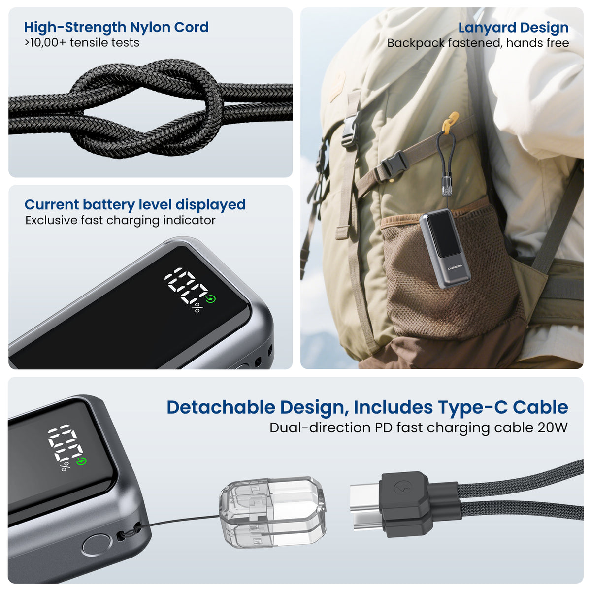 Digiera 10000mAh Power Bank with Built-in USB-C Cable Lanyard, 20W PD Fast Charging Portable Charger, Smart LED Display & Detachable Braided Cable, Compact 6oz External Battery Pack for Travel