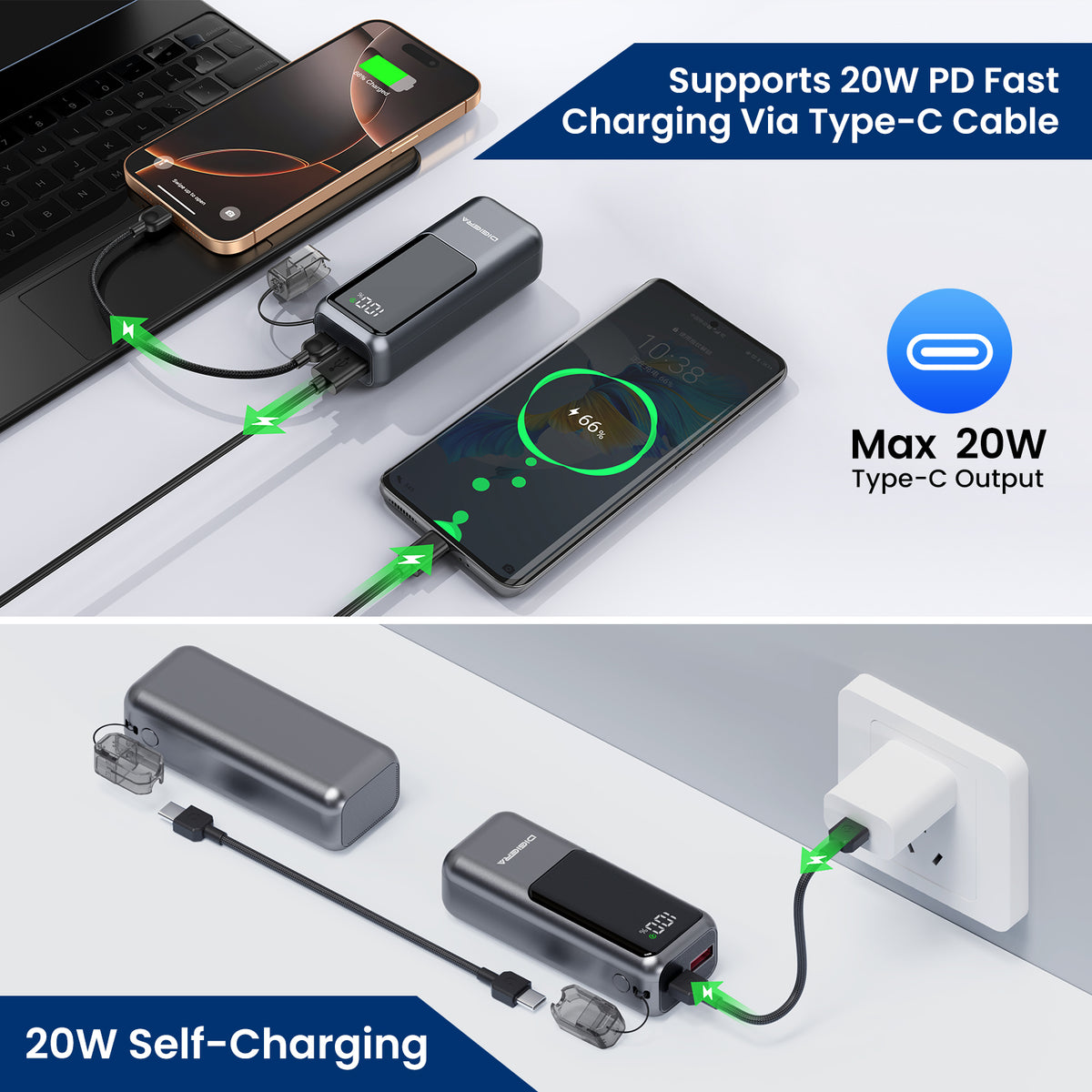Digiera 10000mAh Power Bank with Built-in USB-C Cable Lanyard, 20W PD Fast Charging Portable Charger, Smart LED Display & Detachable Braided Cable, Compact 6oz External Battery Pack for Travel