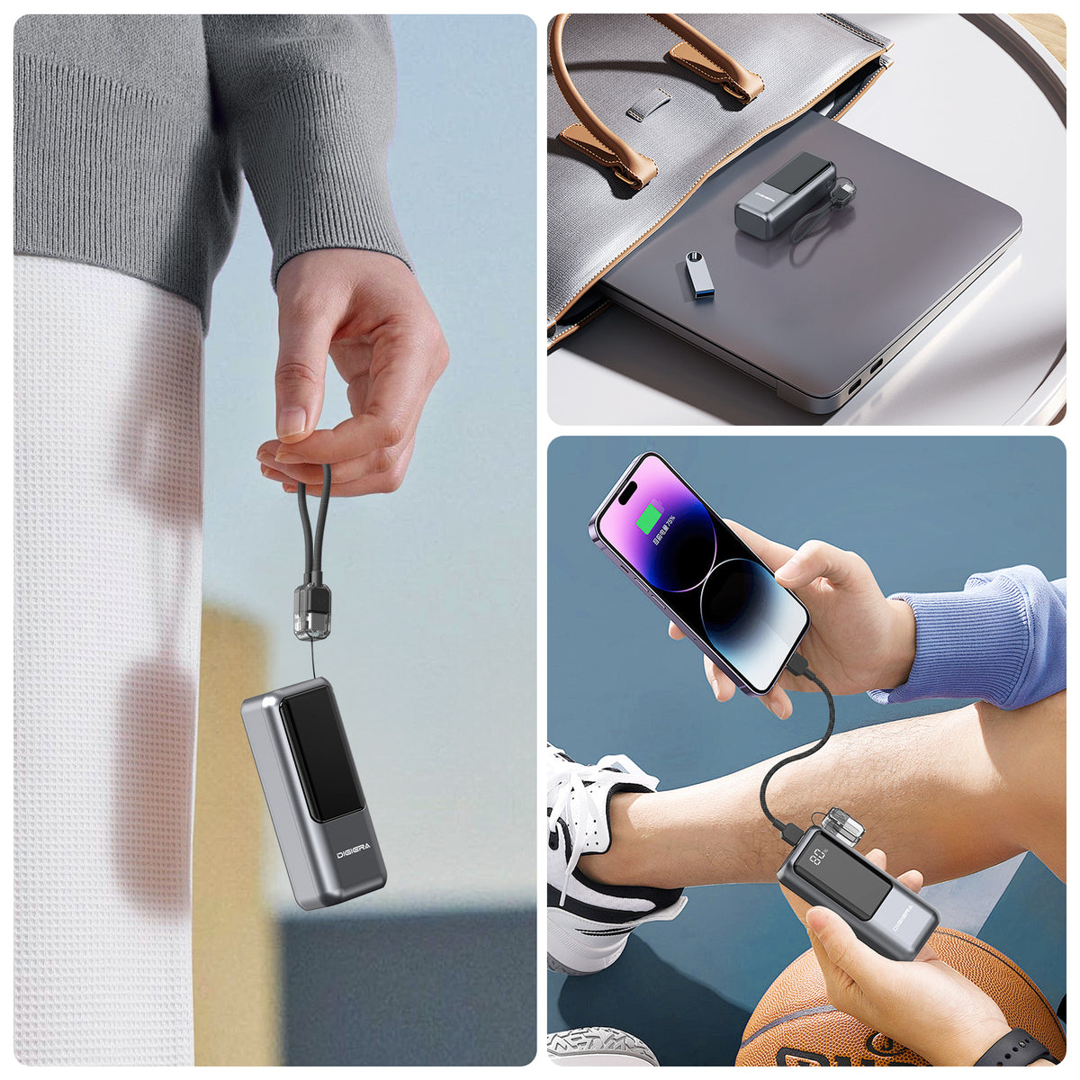 Digiera 10000mAh Power Bank with Built-in USB-C Cable Lanyard, 20W PD Fast Charging Portable Charger, Smart LED Display & Detachable Braided Cable, Compact 6oz External Battery Pack for Travel