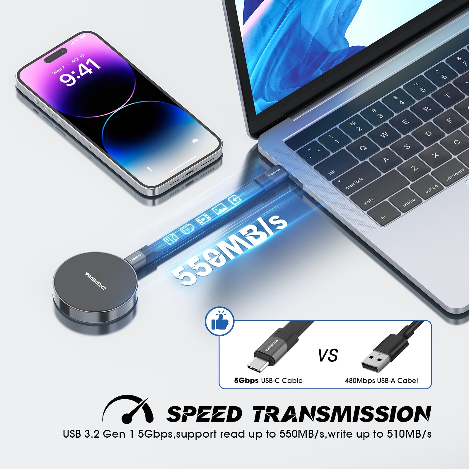 Digiera 500MB/s Magnetic Portable SSD – Compact USB-C External Storage for iPhone & Laptops
