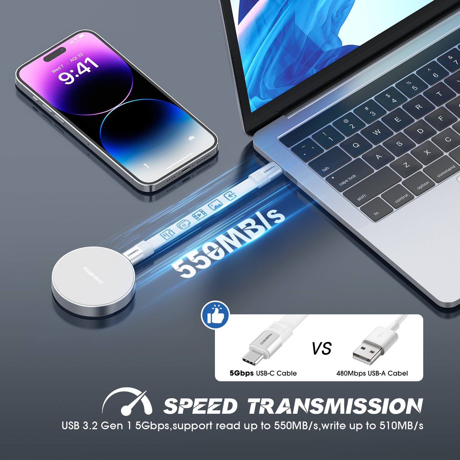 Digiera 500MB/s Magnetic Portable SSD – Compact USB-C External Storage for iPhone & Laptops