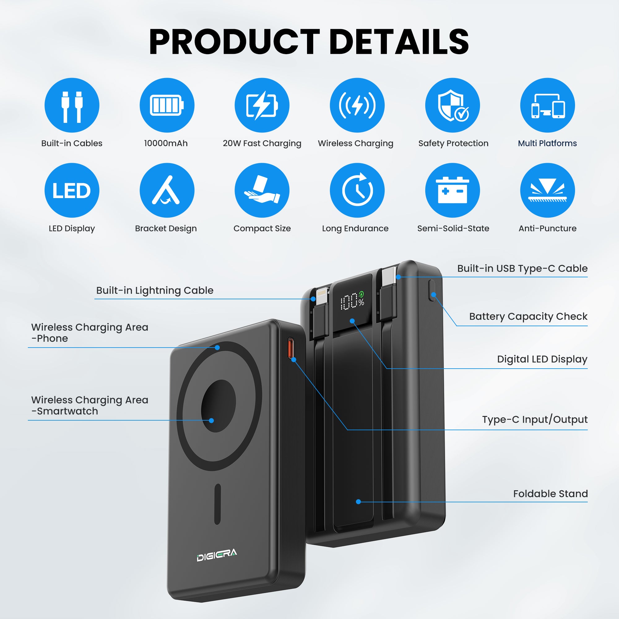 Digiera 10000mAh MagSafe Wireless Power Bank with LED Display, Includes Dual USB-C and Lightning Cables and a Phone Stand, Compatible with iPhone 17/16/15/14/13/12 Series
