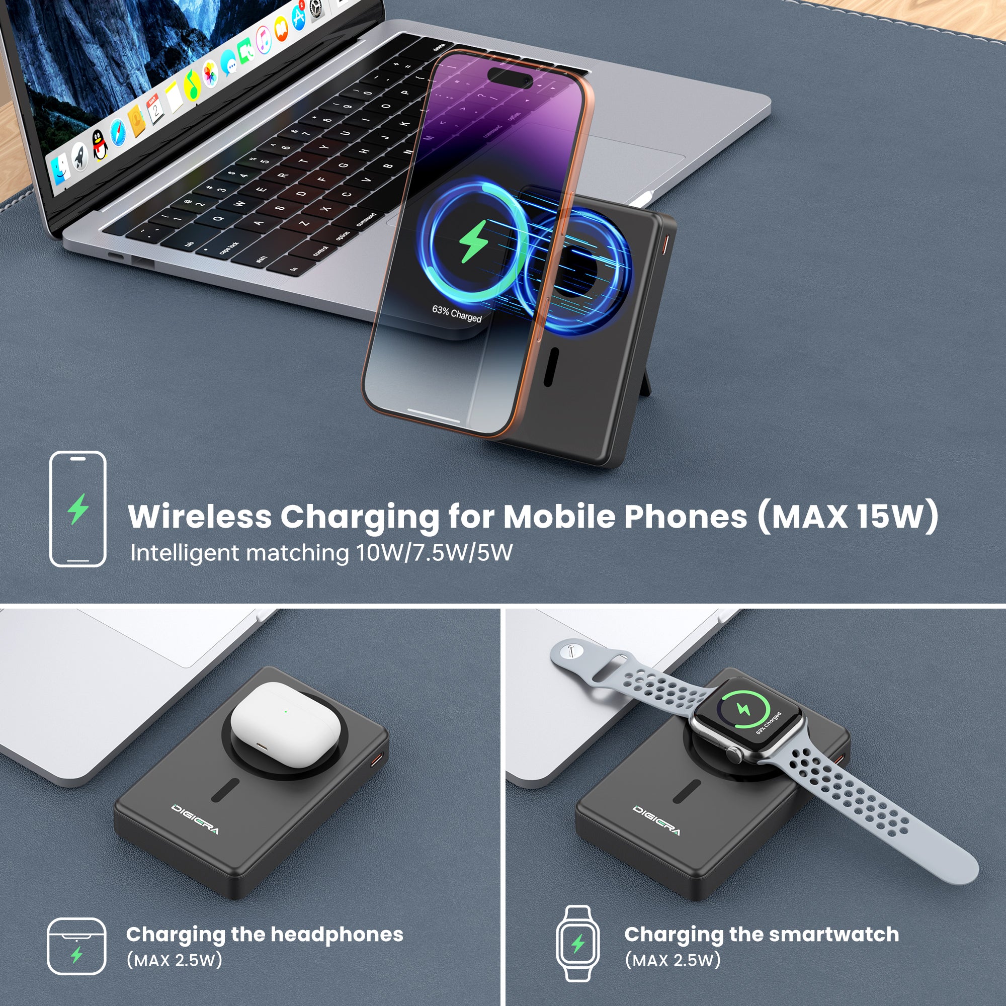 Digiera 10000mAh MagSafe Wireless Power Bank with LED Display, Includes Dual USB-C and Lightning Cables and a Phone Stand, Compatible with iPhone 17/16/15/14/13/12 Series