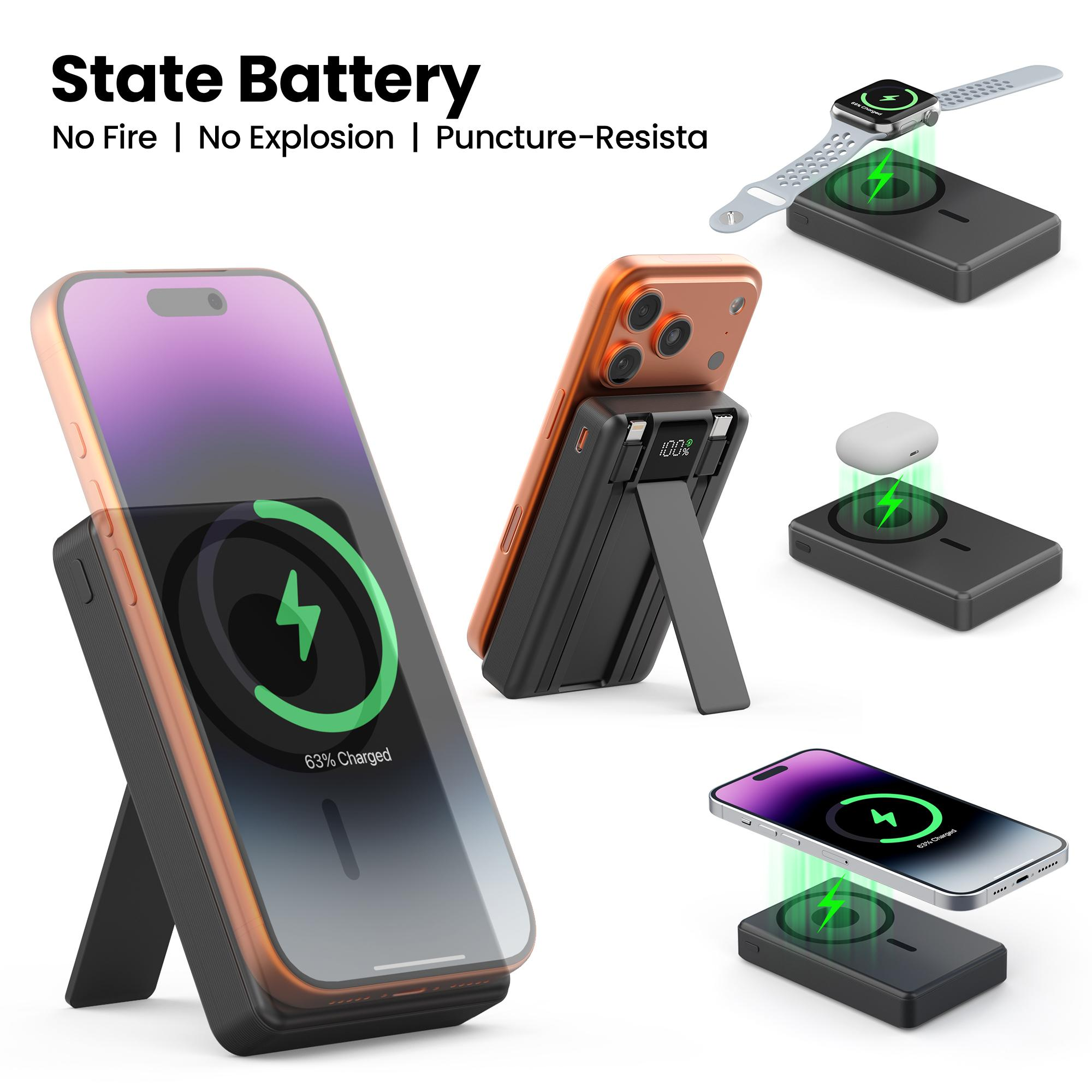Digiera 10000mAh MagSafe Wireless Power Bank with LED Display, Includes Dual USB-C and Lightning Cables and a Phone Stand, Compatible with iPhone 17/16/15/14/13/12 Series