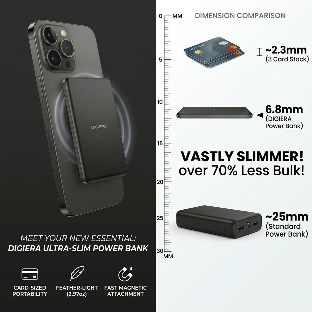 DIGIERA 2.97oz Ultra Slim Magnetic Power Bank, 5000mAh 3-in-1 Wireless Charger – Fast Charging MagSafe Battery Pack for iPhone, Samsung, AirPods & Apple Watch